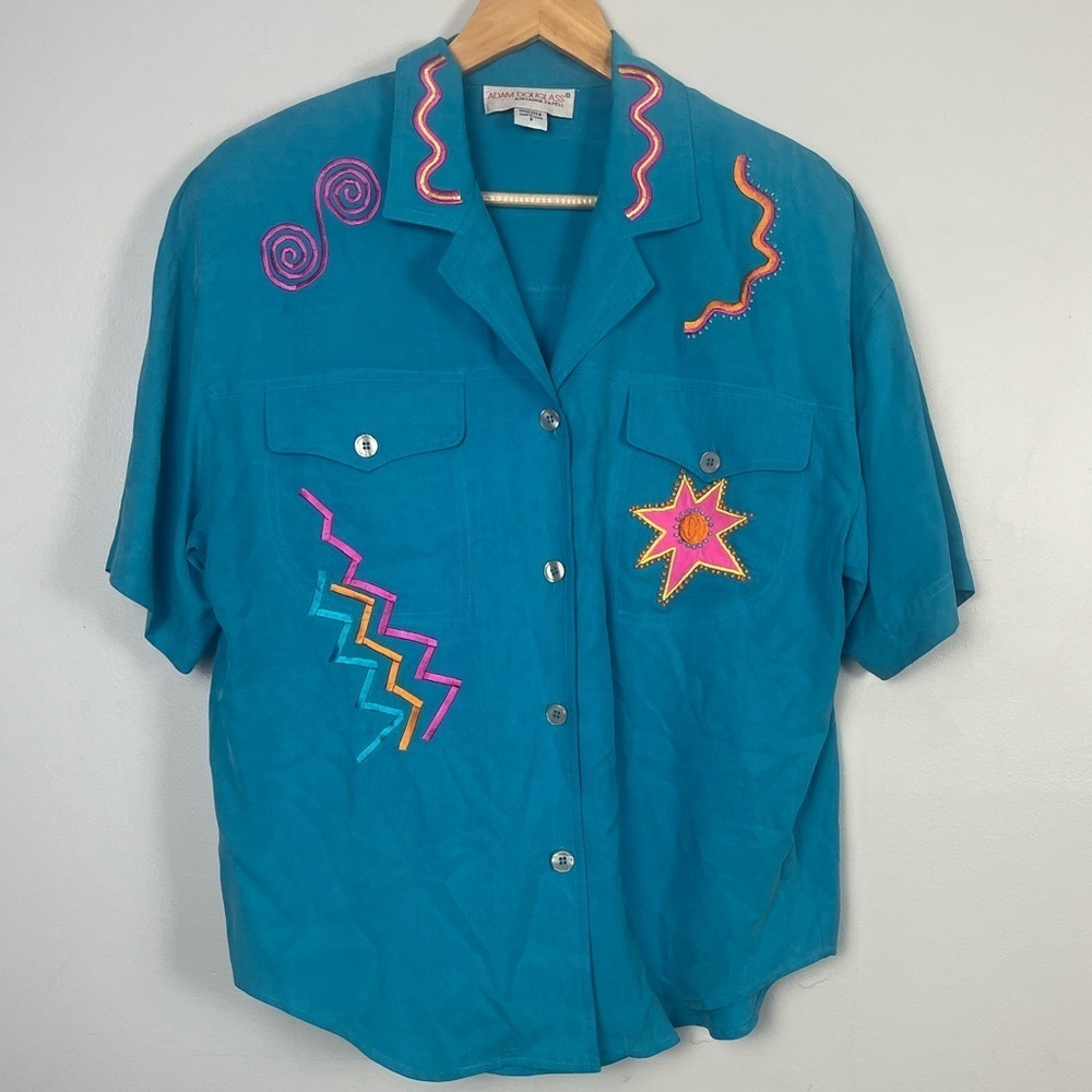 Vintage Adam Douglass Adrianna Papell 100% silk 1980s Blue Neon Detail size S